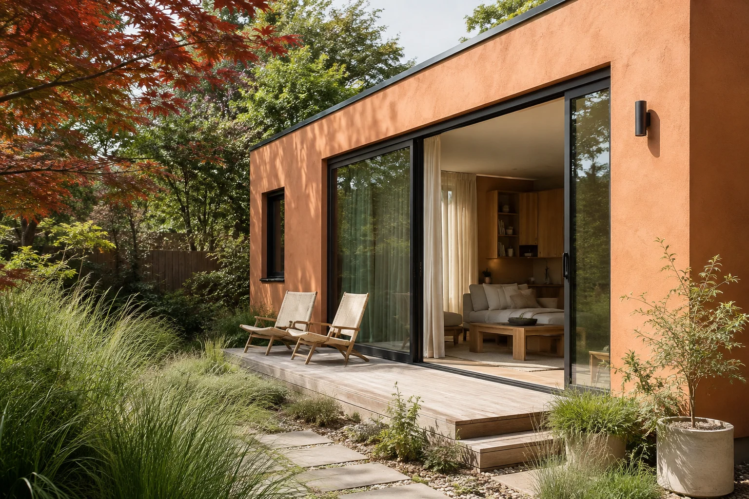 Illustrative orange backyard home opening onto a timber deck and leafy garden
