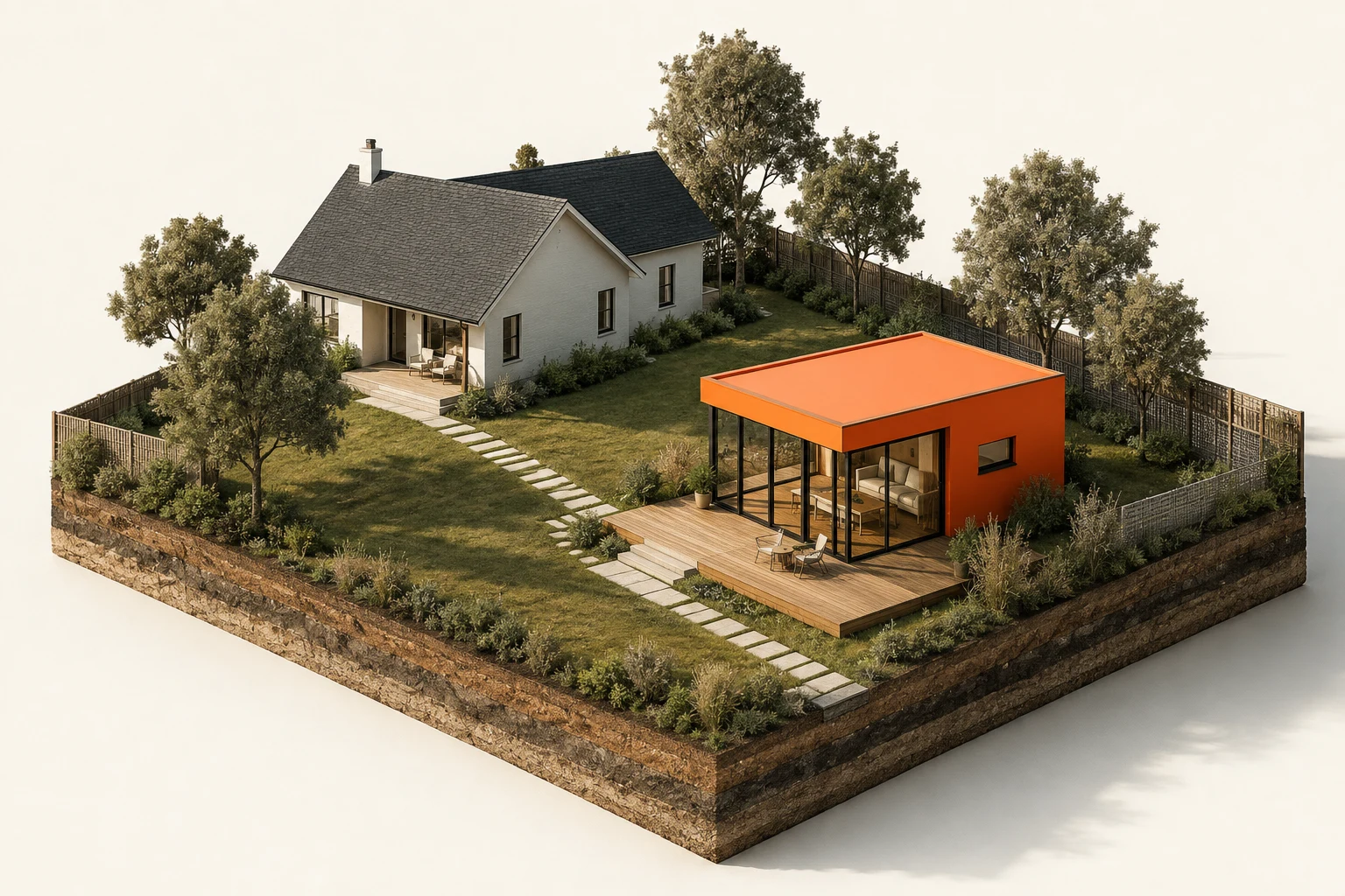 Illustrative miniature lot with an existing house and an orange backyard home