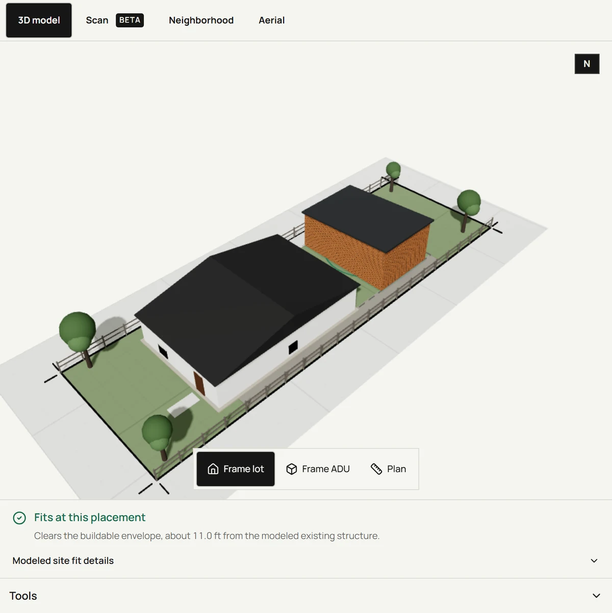 Oak Street demo in the LotFoundry 3D studio, showing an existing home and a proposed backyard home